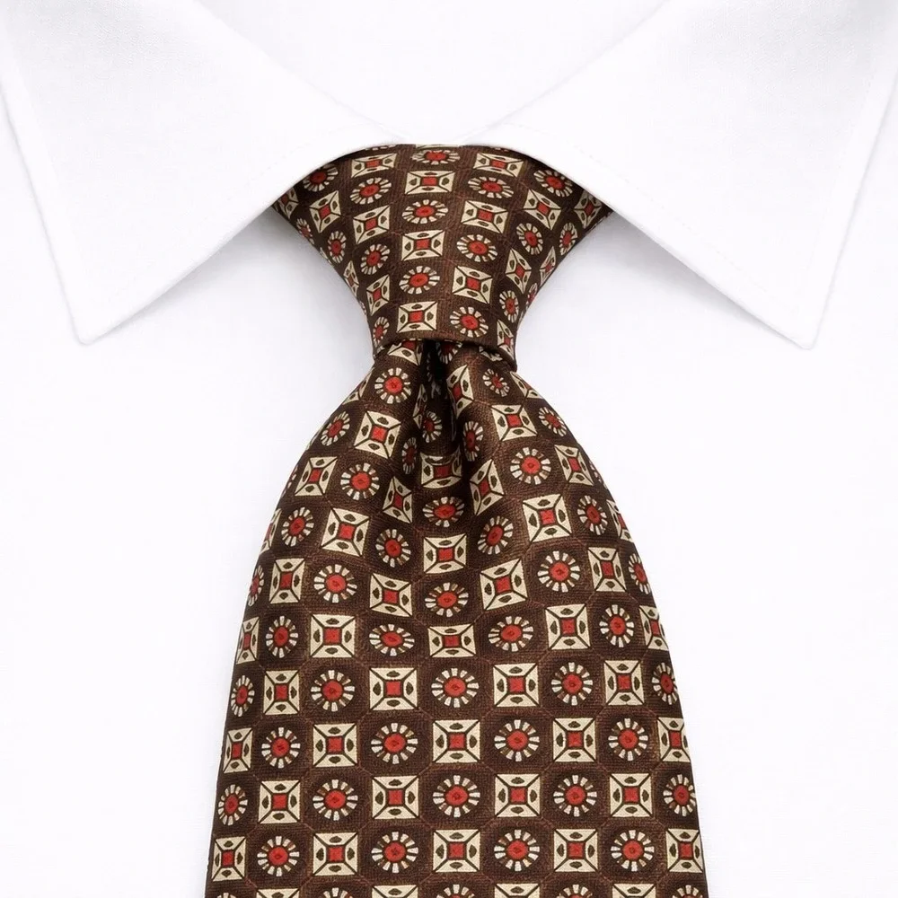 Polo Ralph Lauren Silk Men's Necktie Brown Red Geometric‎ Medallions 55